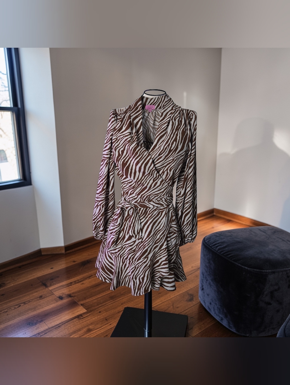 miami Zebra-Print Long Sleeve Wrap Dress in Cream & Brown Size XS